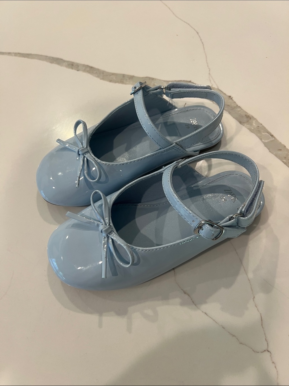 ZARA Girls Patent Mary Jane Ballet Flats with Bow - Light Blue